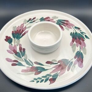 Signed Clayworks Pottery Floral Chip and Dip Serving Platter